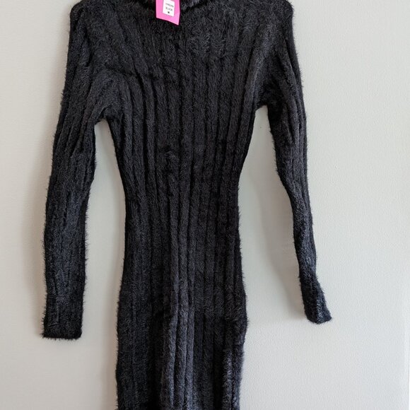 NWT Fuzzy Black Turtleneck Mini Dress Size M Autumn/Winter Bodycon Goth - Picture 2 of 4